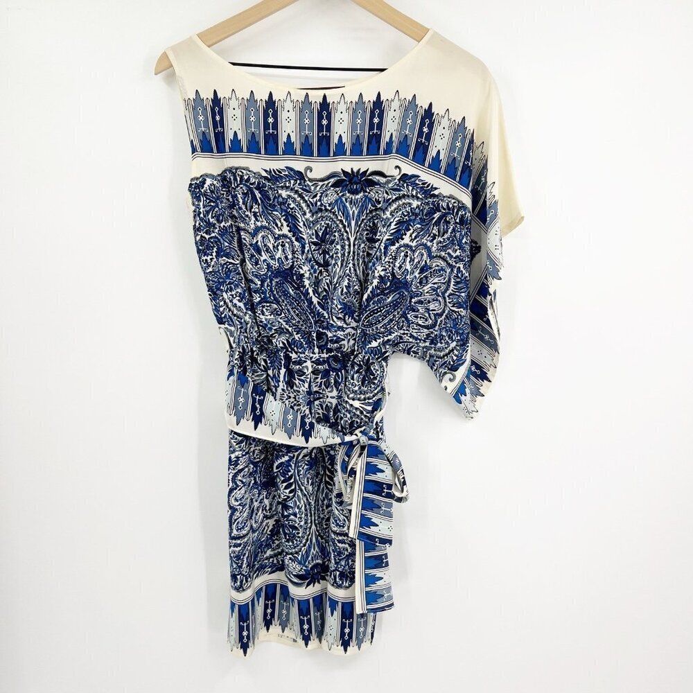 BCBGMAXAZRIA Leia Ivory Blue Print Silk Belted Dress XS Paisley Grecian Party